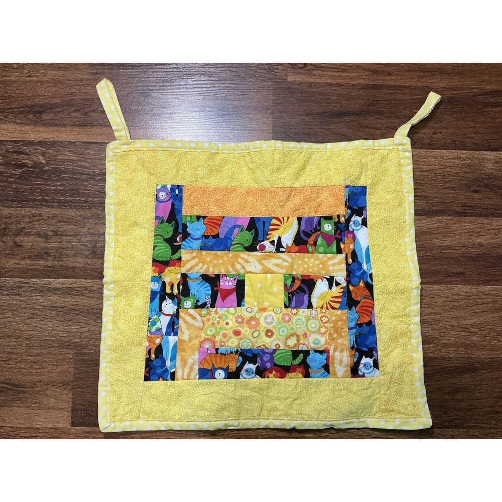 Small Handmade Yellow Patchwork Cat Themed Wall Hanging Quilt 17in X 15in